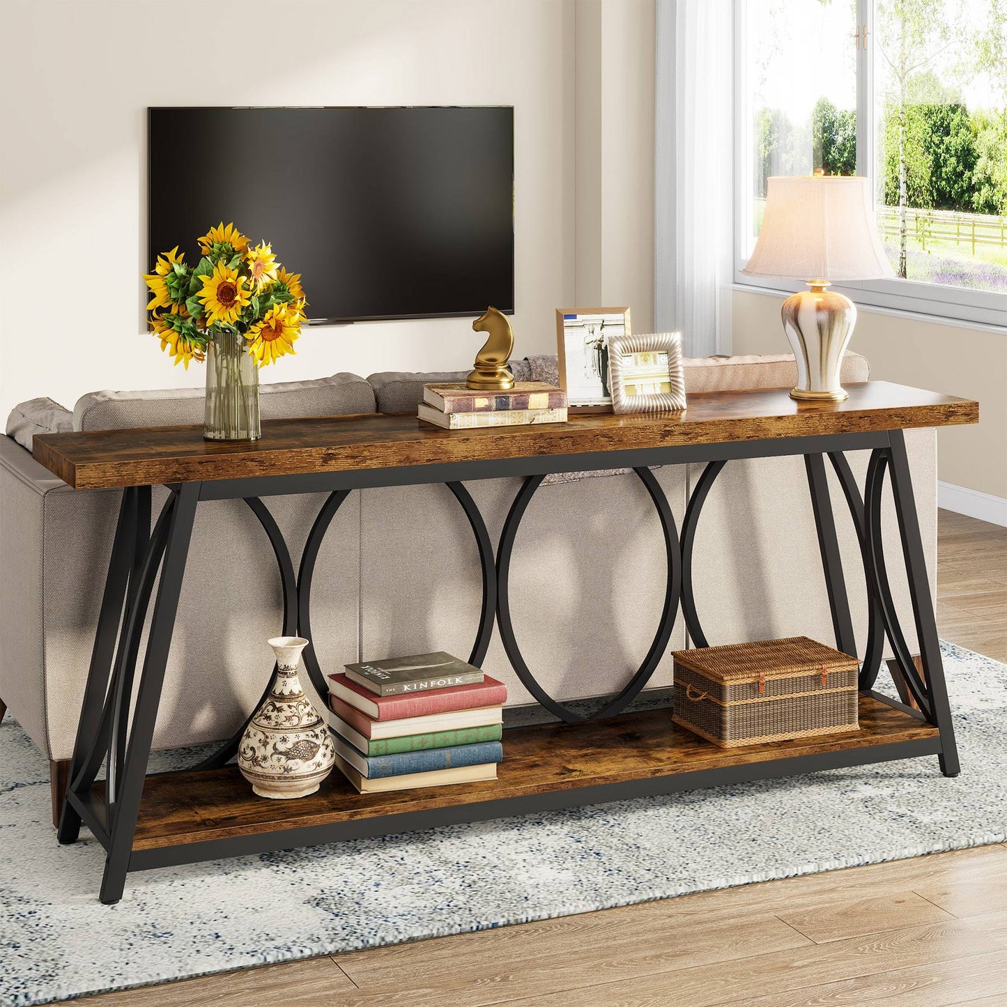 2-Tier Console Table, 70.9" Industrial Sofa Table Behind Couch with Shelves Tribesigns