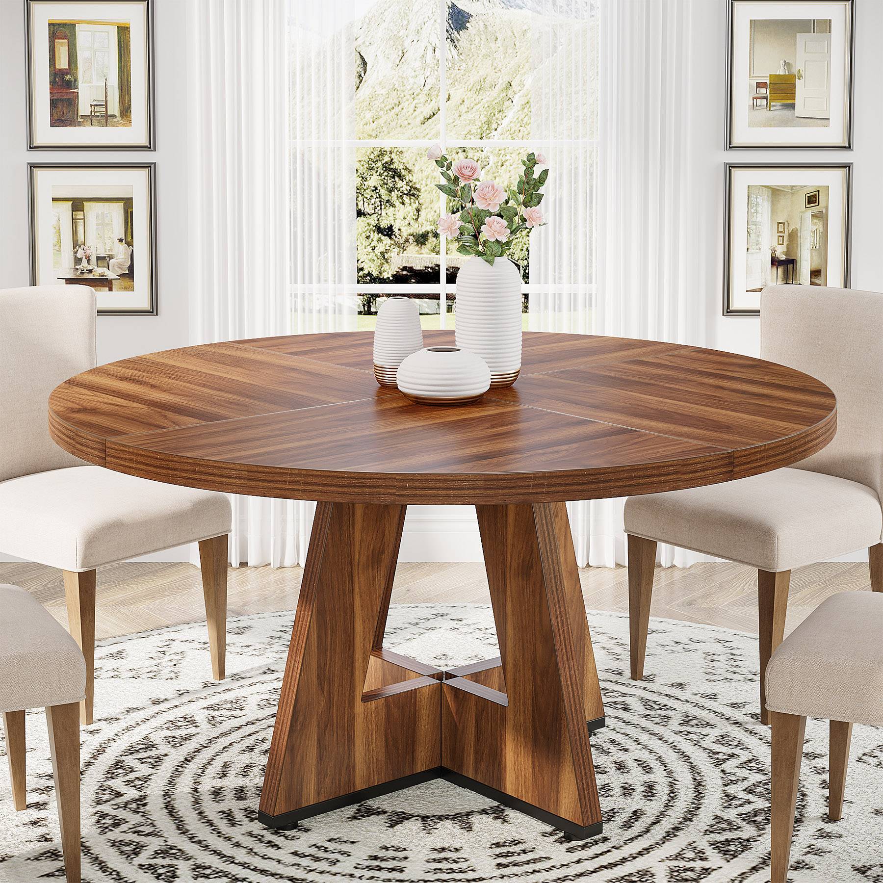 Round Dining Table for 4, 47" Wood Kitchen Table Farmhouse Dinner Table Tribesigns