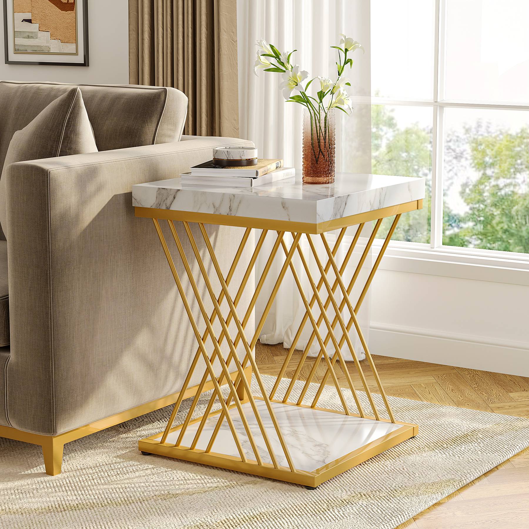 End Table, 2-Tier Square Side Table Modern Bedside Table Tribesigns