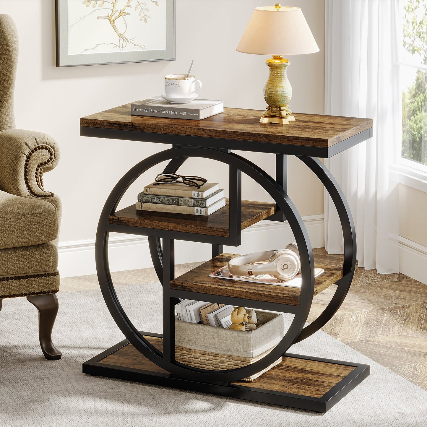 Wood End Table, 4-Tier Side Table with Storage Shelves