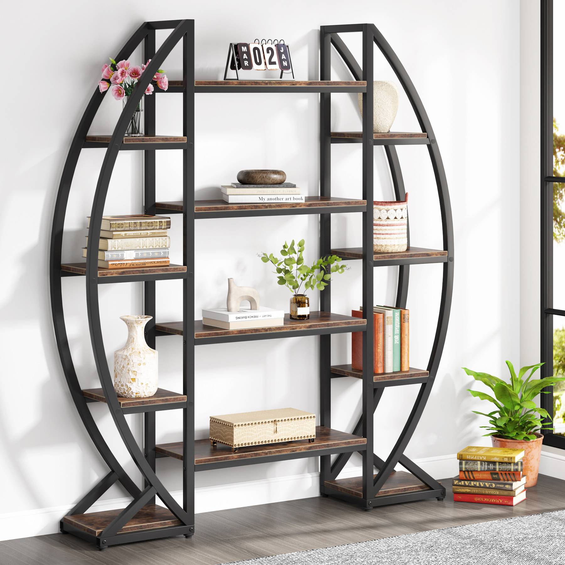 Tribesigns Bookshelf, Oval Triple Wide Etagere Bookcases Industrial Display Shelves Tribesigns