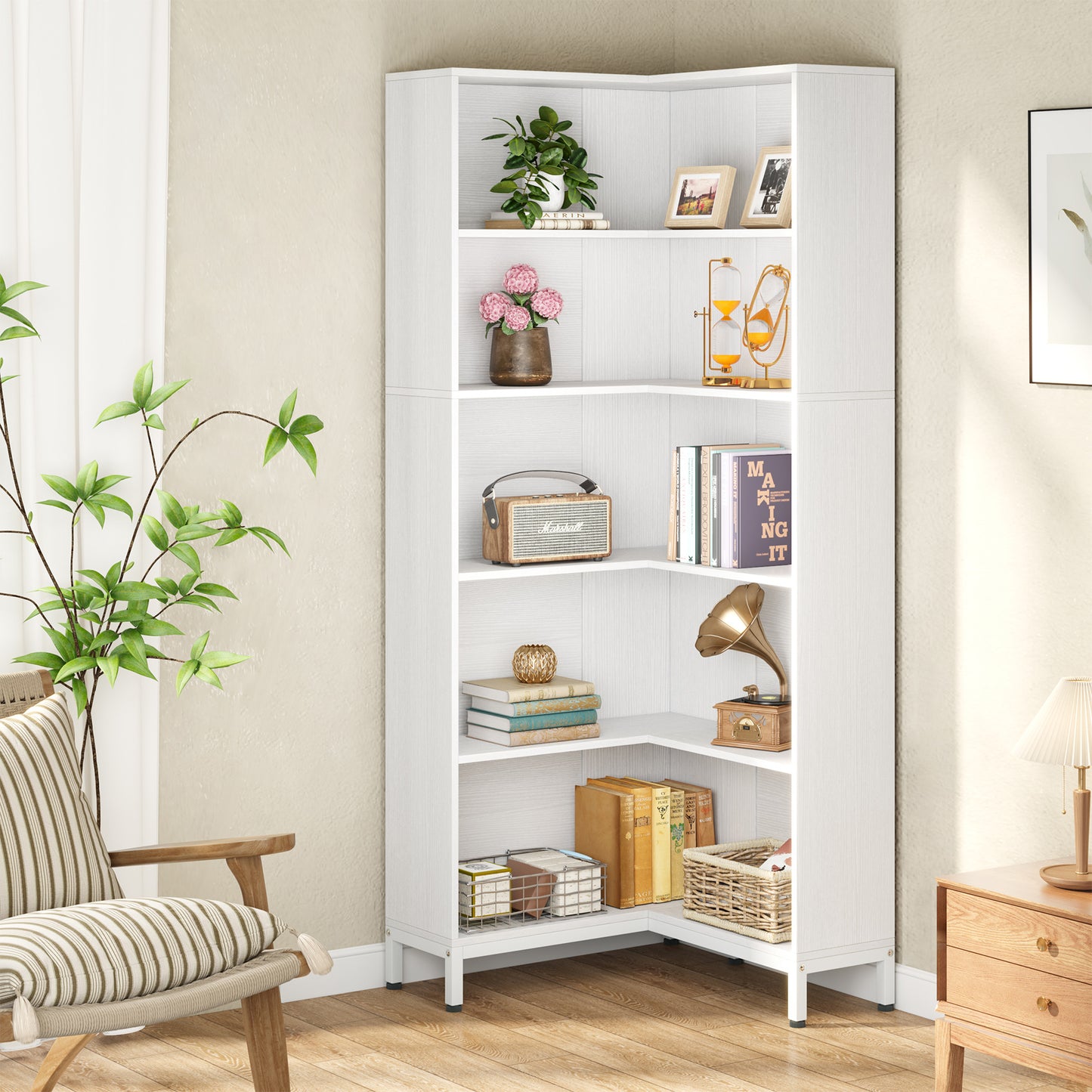 6-Tier Corner Bookcase, 71 inch L-Shaped Etagere Bookshelf