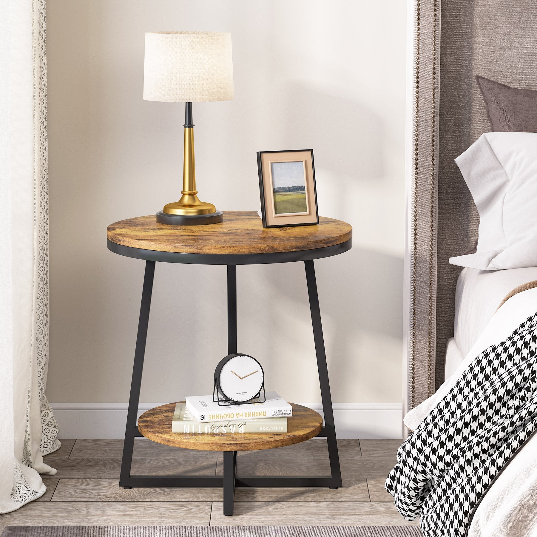 2-Tier End Table, Round Accent Bedside Table with Storage Shelf Tribesigns