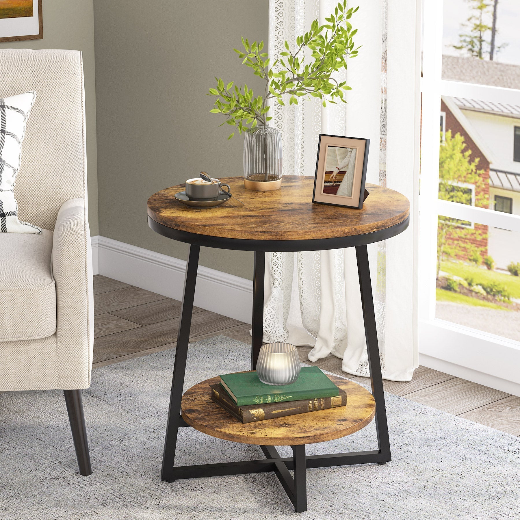 2-Tier End Table, Round Accent Bedside Table with Storage Shelf Tribesigns