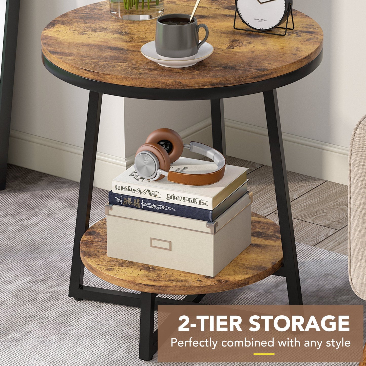 2-Tier End Table, Round Accent Bedside Table with Storage Shelf Tribesigns