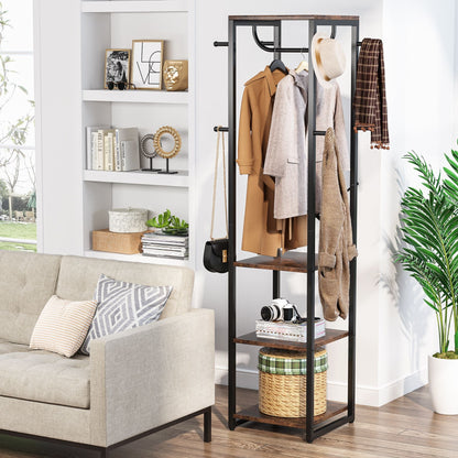 Tribesigns 's Coat Rack in a living room scene featuring a cozy sofa set, creating a warm and inviting atmosphere with soft lighting and decorative pillows