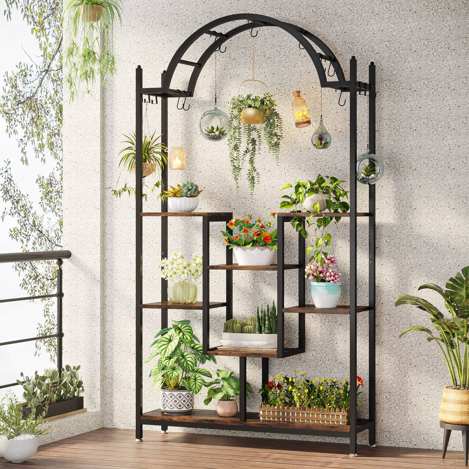 Arched Plant Stand, 74.8" Flower Stands with Hanging Hooks Tribesigns