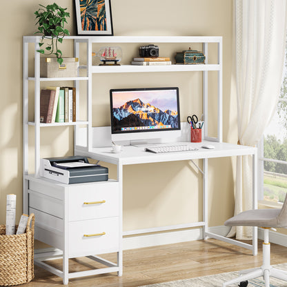 60" Tall Computer Desk Writing Table with 2 Drawers and Storage Shelves