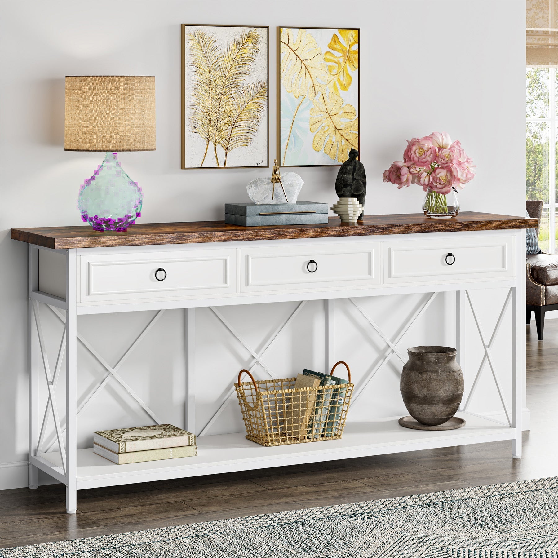 3 - Drawer Console Table, 70.8" Sofa Foyer Table with Storage Shelf Tribesigns