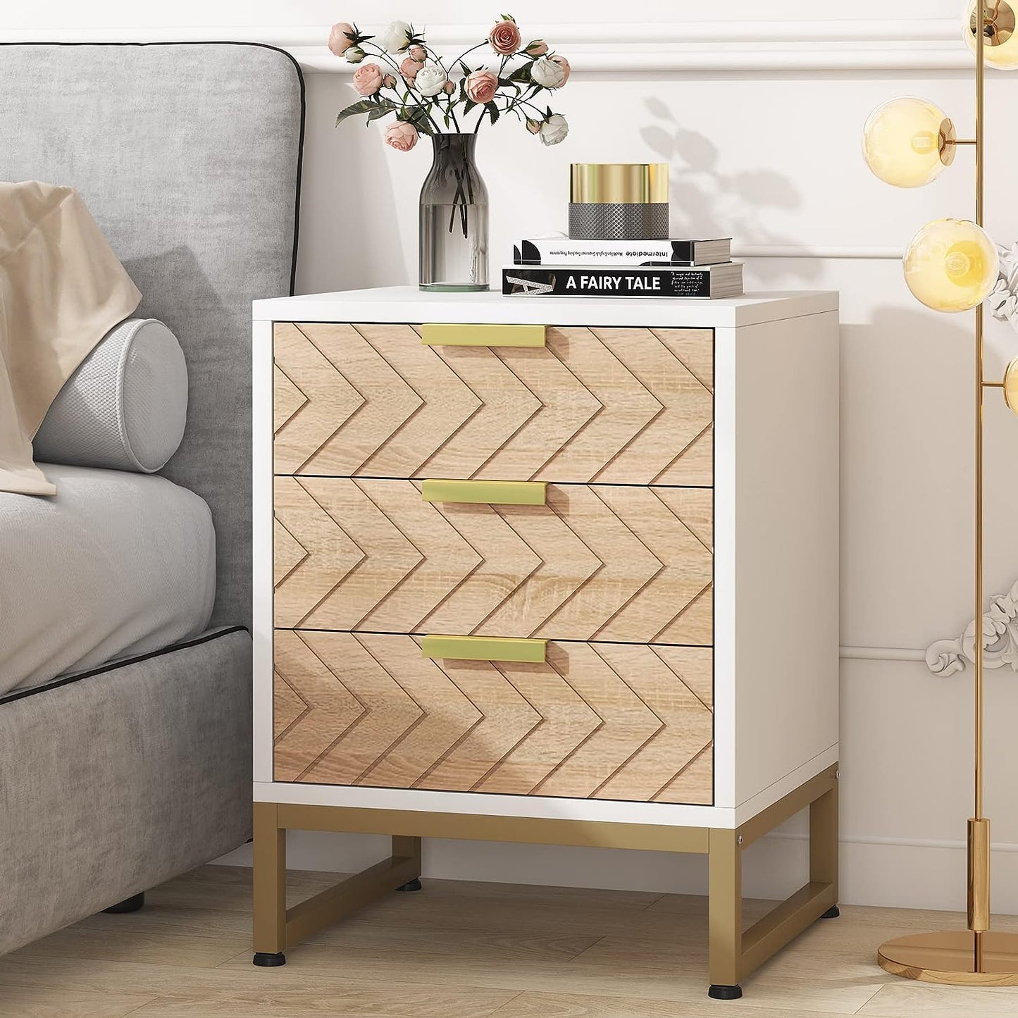 3 Drawers Nightstand, Modern Bedside End Table with with Metal Frame Tribesigns