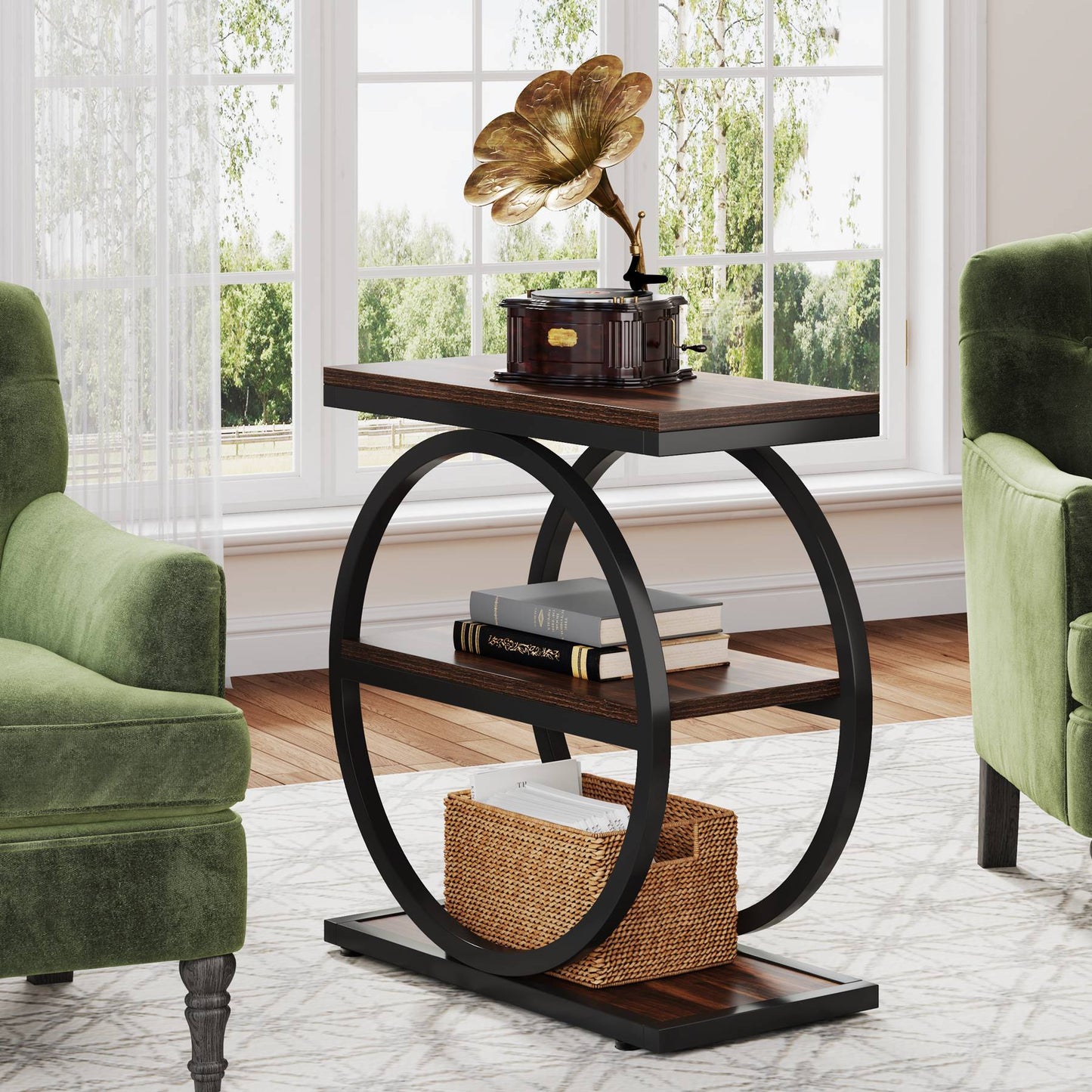 3 - Tier End Table, Industrial Sofa Side Table with Round Metal Frame Tribesigns