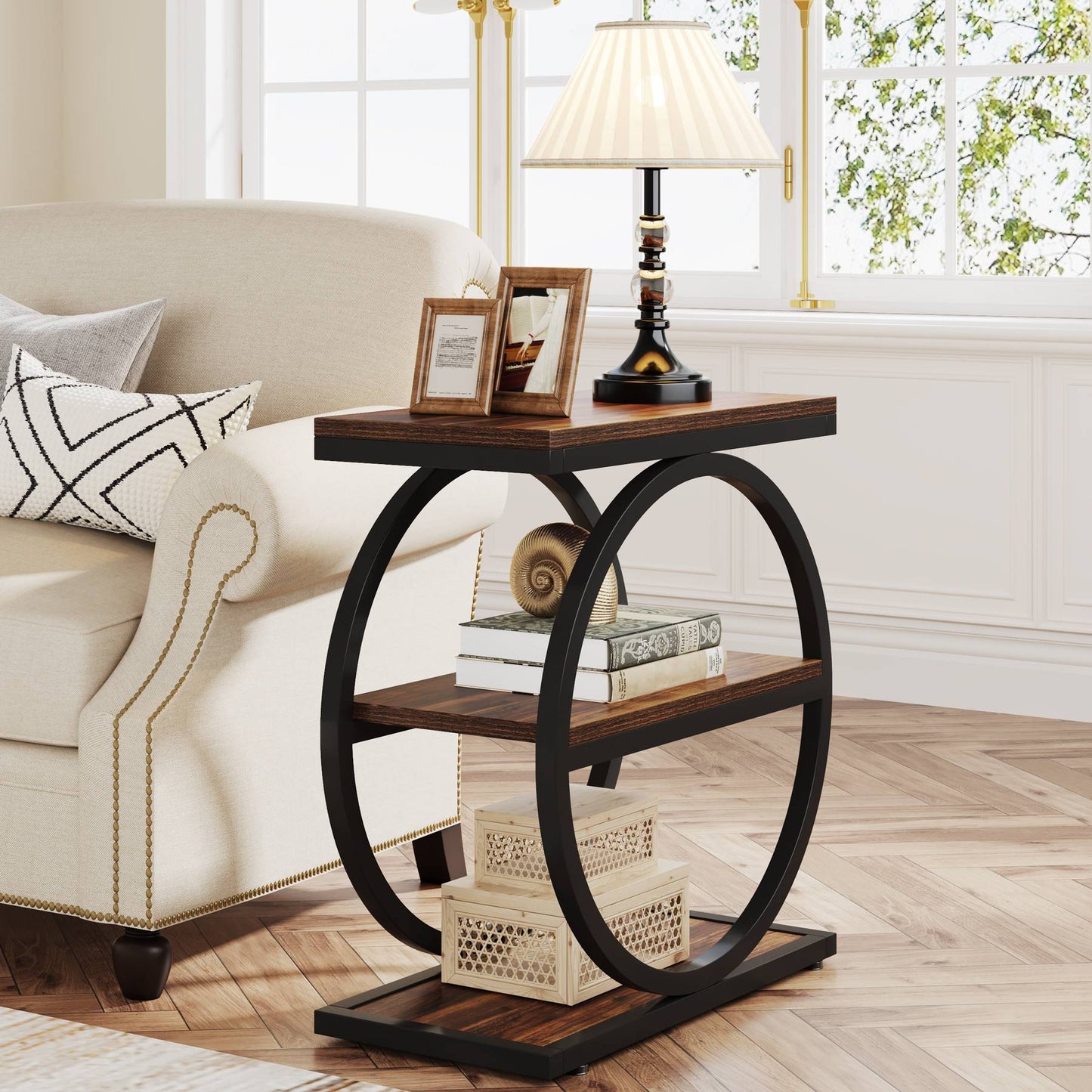 3 - Tier End Table, Industrial Sofa Side Table with Round Metal Frame Tribesigns