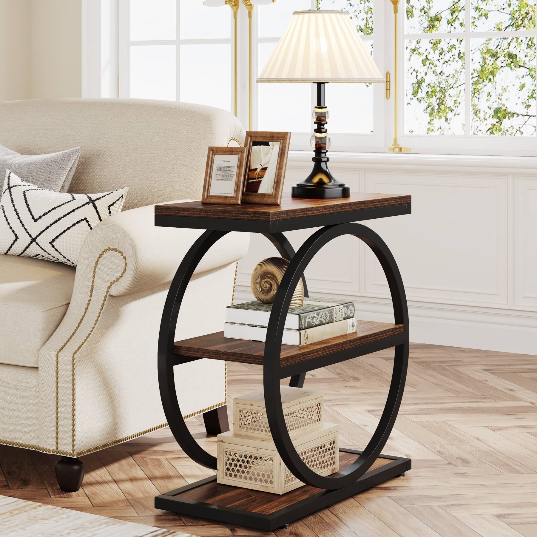 3 - Tier End Table, Industrial Sofa Side Table with Round Metal Frame Tribesigns