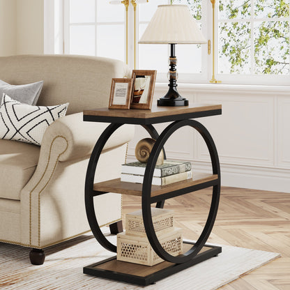 3 - Tier End Table, Industrial Sofa Side Table with Round Metal Frame Tribesigns