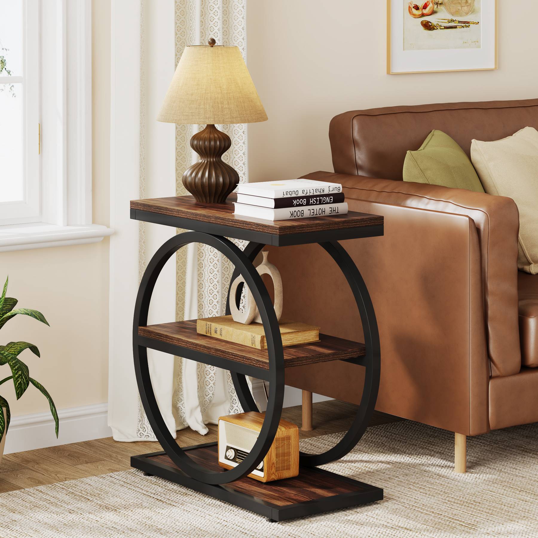 3 - Tier End Table, Industrial Sofa Side Table with Round Metal Frame Tribesigns