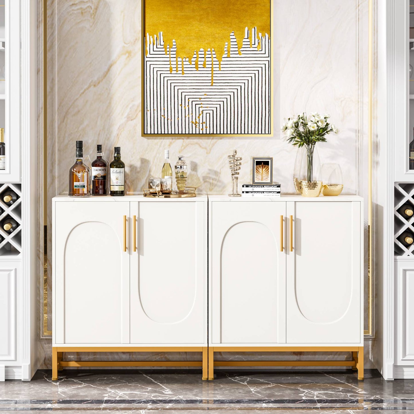 Modern Sideboard Buffet Storage Cabinet with Faux Marble Top Tribesigns