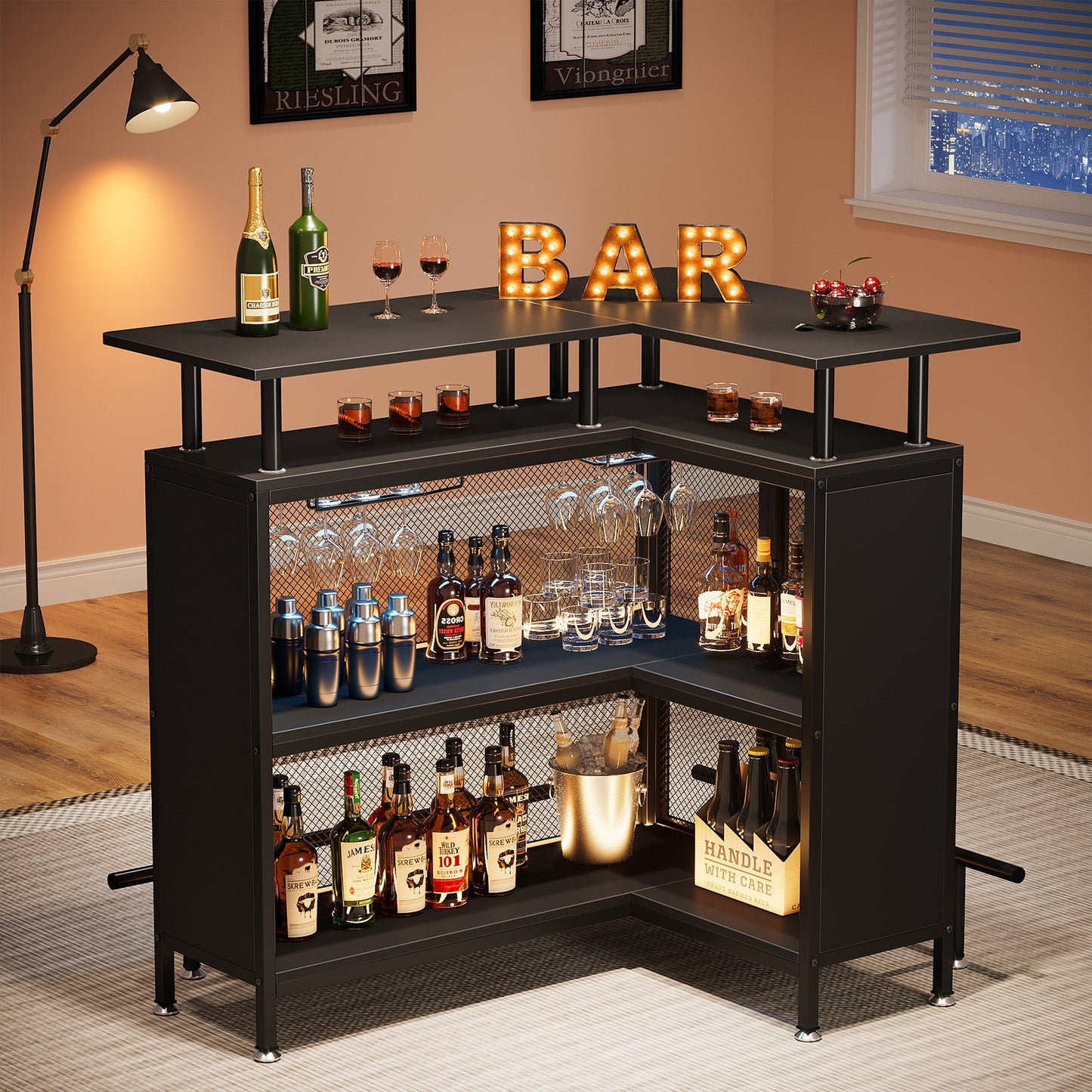 Home Bar Unit, L-Shaped Liquor Bar Table with Glasses Holders & Shelves Tribesigns