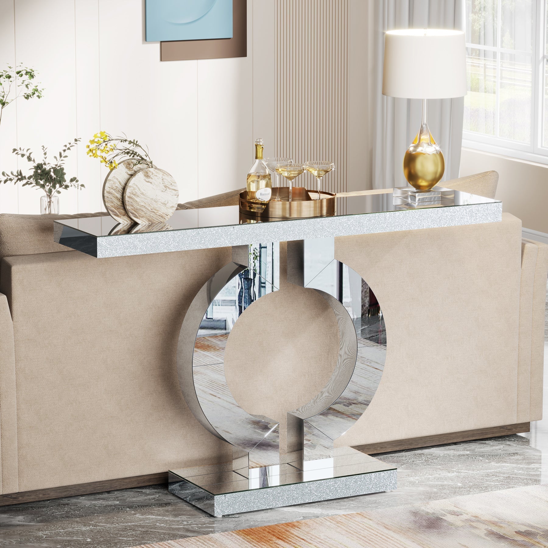 43" Mirrored Console Table, Modern Silver Sofa Table with O - Shaped Base Tribesigns