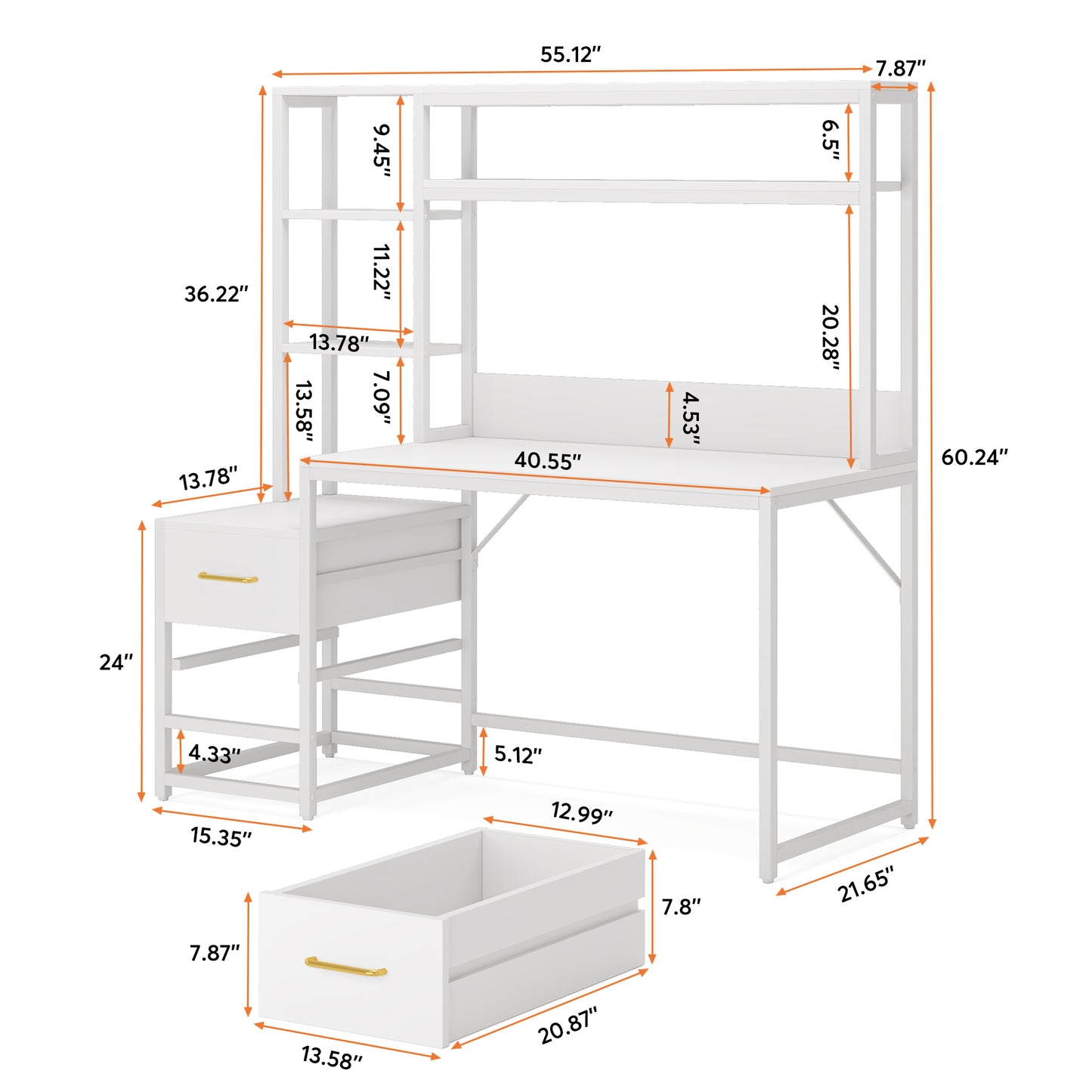 60" Tall Computer Desk Writing Table with 2 Drawers and Storage Shelves