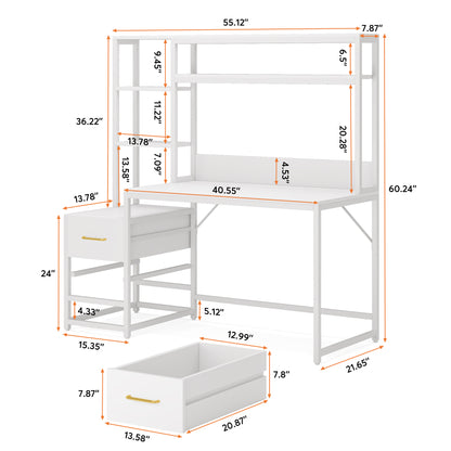 60" Tall Computer Desk Writing Table with 2 Drawers and Storage Shelves