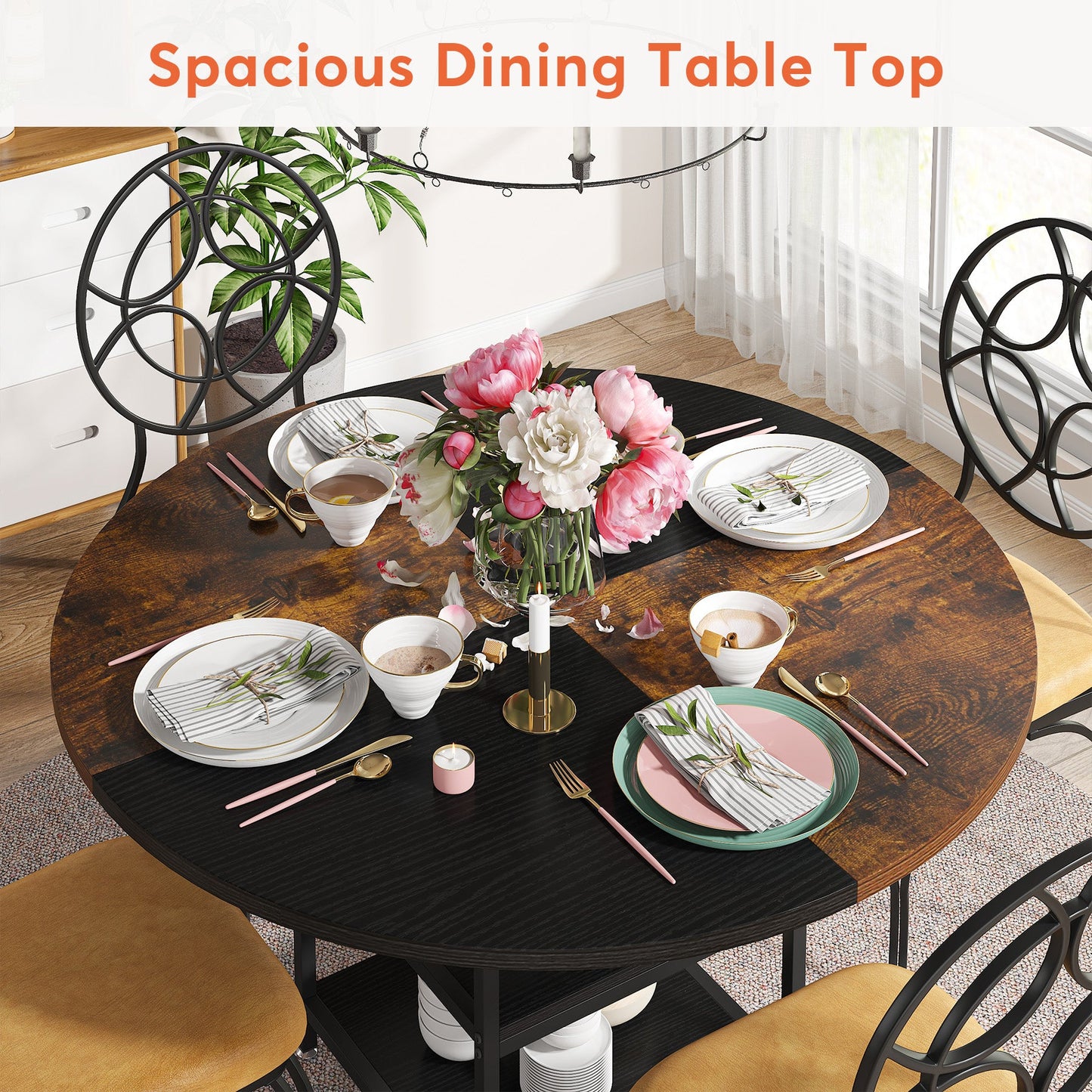 Round Dining Table, 47" Kitchen Dinner Table with Storage Shelf Tribesigns