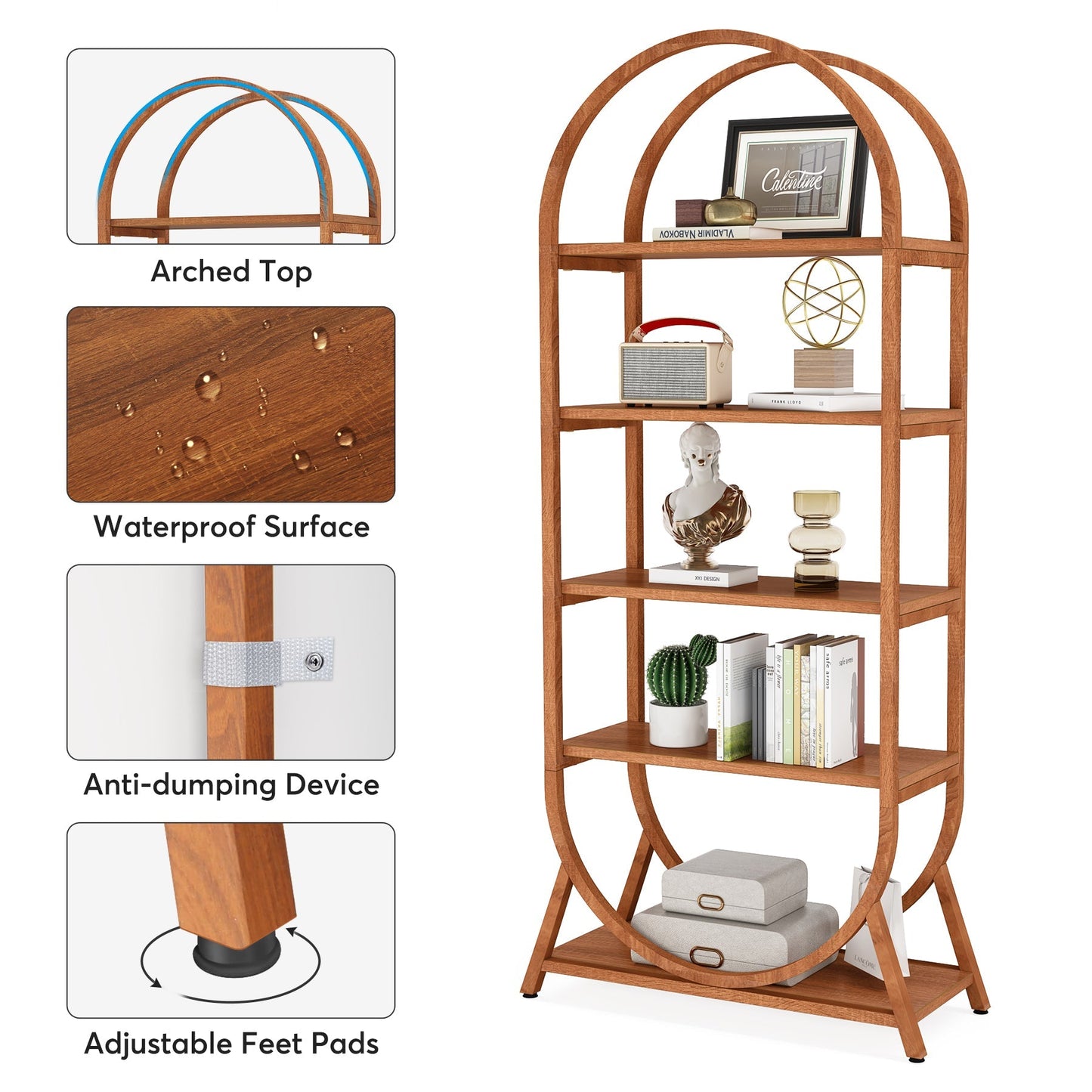 5-Tier Bookshelf, 70.8" Open Bookcase Arched Display Rack Tribesigns