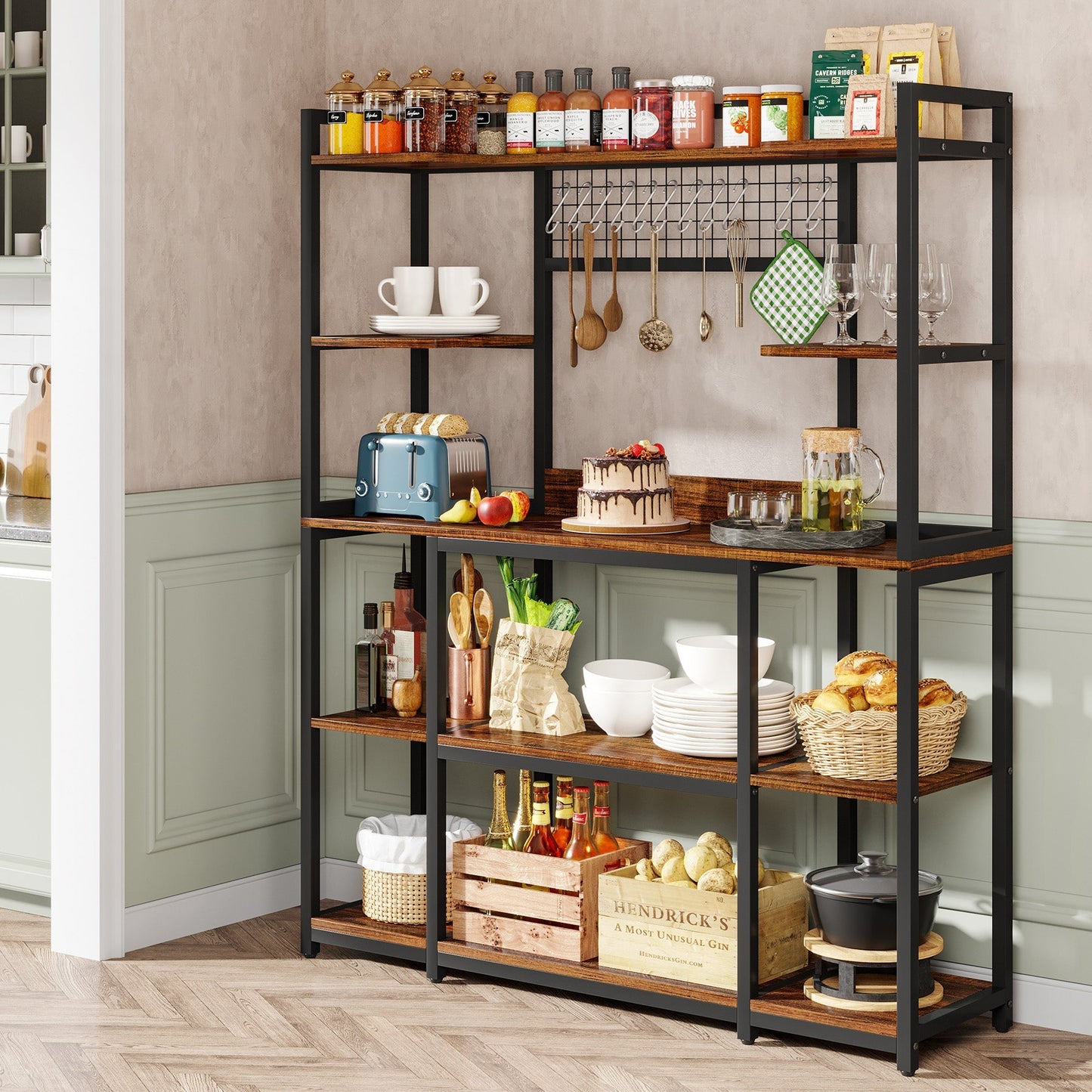 5-Tier Kitchen Baker's Rack, 55" Wide Kitchen Storage Shelf with 11 Hooks Tribesigns