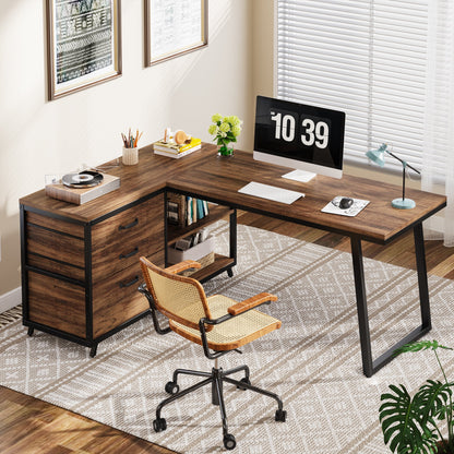 53" Reversible L-Shaped Computer Desk With 3 Drawers & Shelves Tribesigns