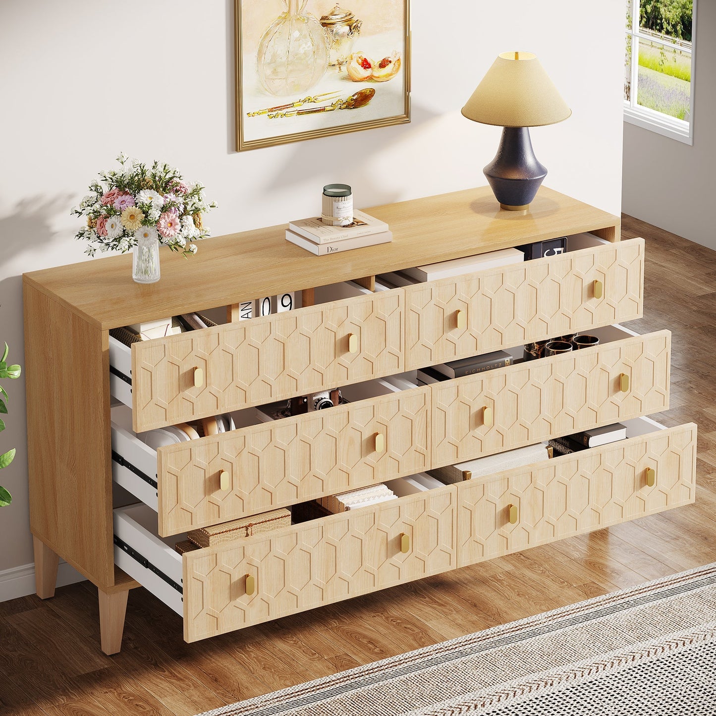 55" Chest of Drawer, Wood 6 - drawer Double Dresser Organizer Tribesigns