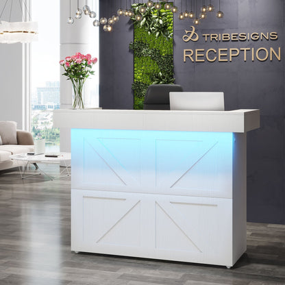 55" Reception Desk, Modern Counter Table Front Desk with LED Lights Tribesigns