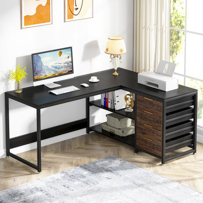 59" L-Shaped Desk, Reversible Corner Desk with Drawers & Shelves Tribesigns