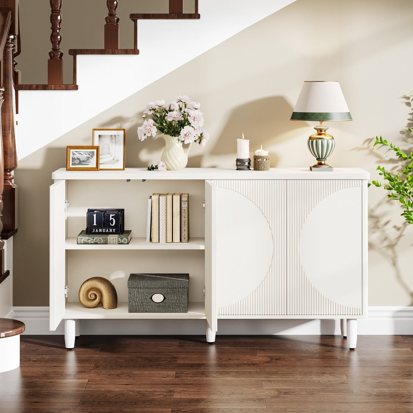 59.4" Sideboard Buffet, White Credenza Storage Cabinet with Doors Tribesigns