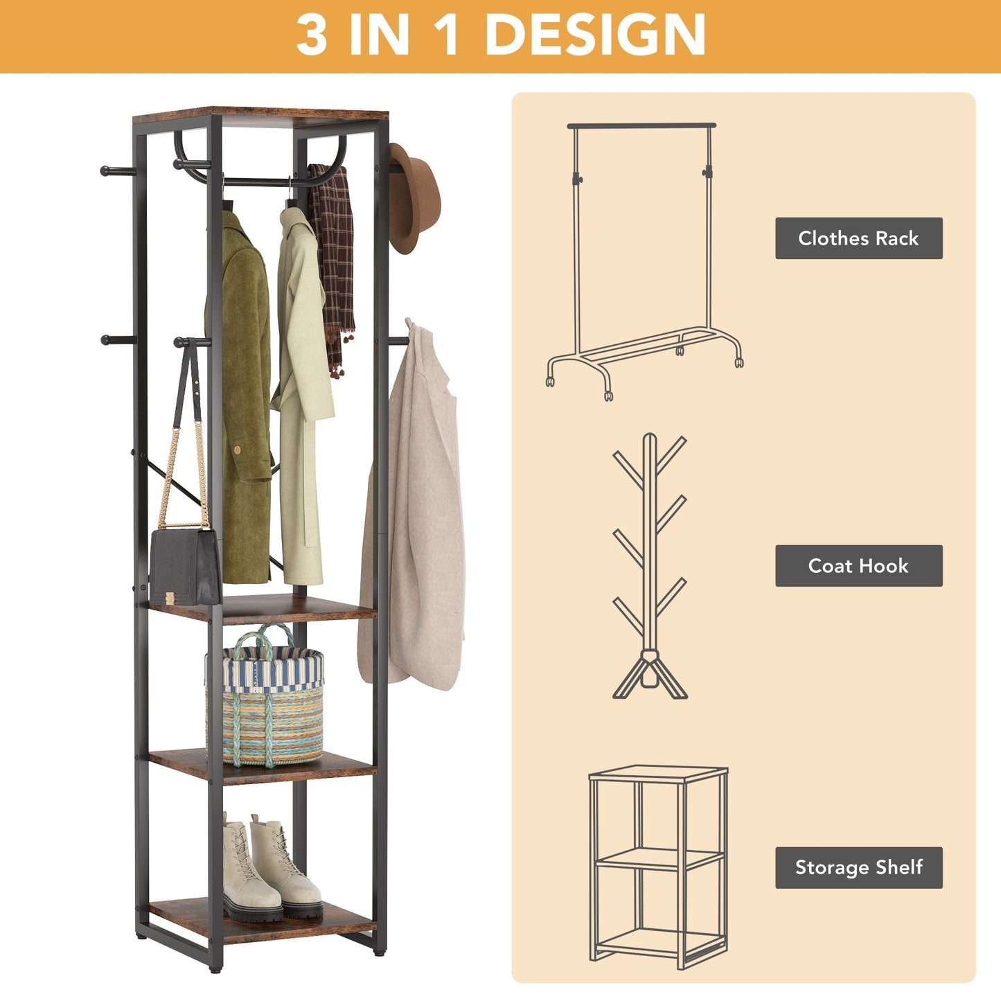 Three-in-one design concept of Tribesigns's Coat Rack, Freestanding Corner Hall Tree with 4 Shelves 8 Hooks.