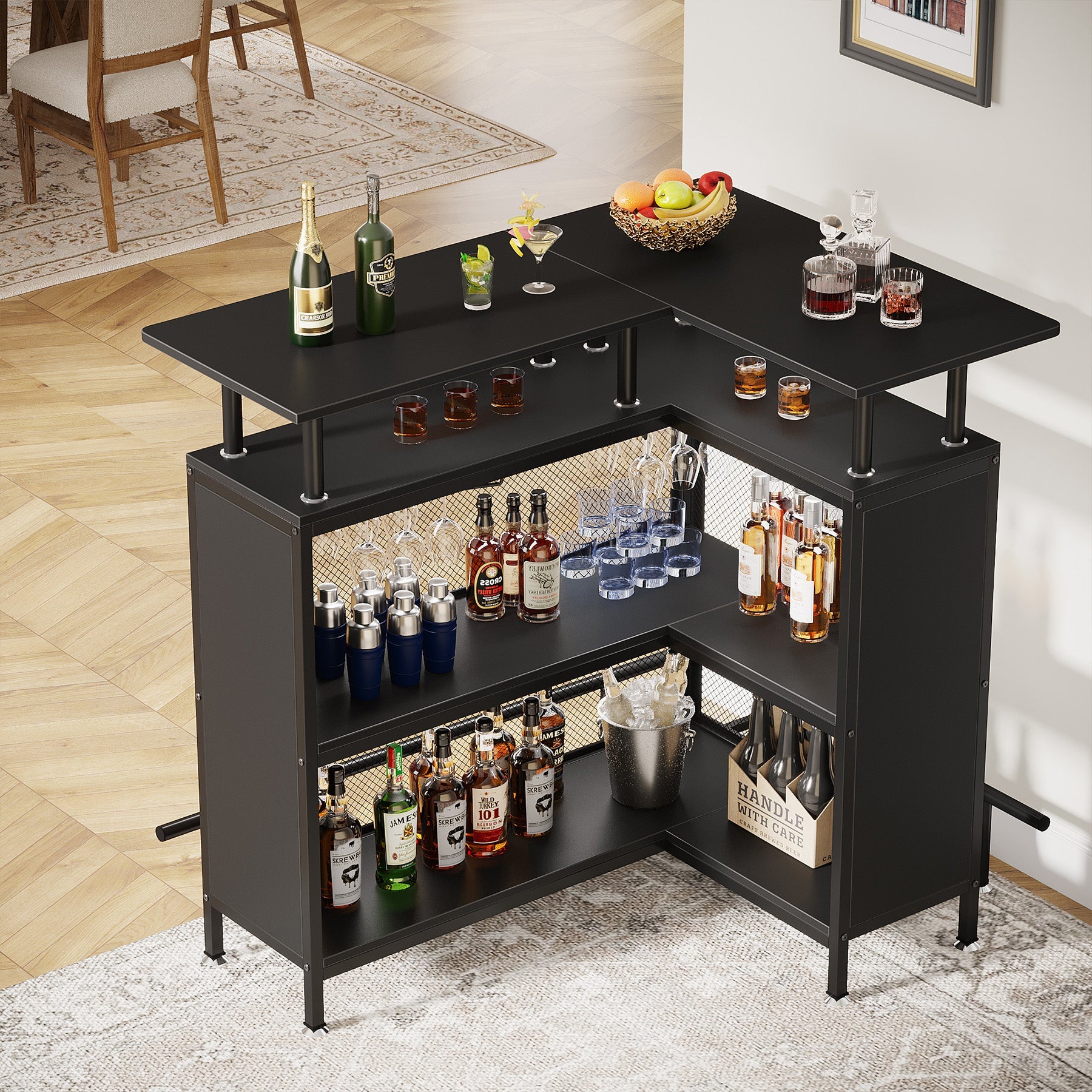 Home Bar Unit, L-Shaped Liquor Bar Table with Glasses Holders & Shelves Tribesigns