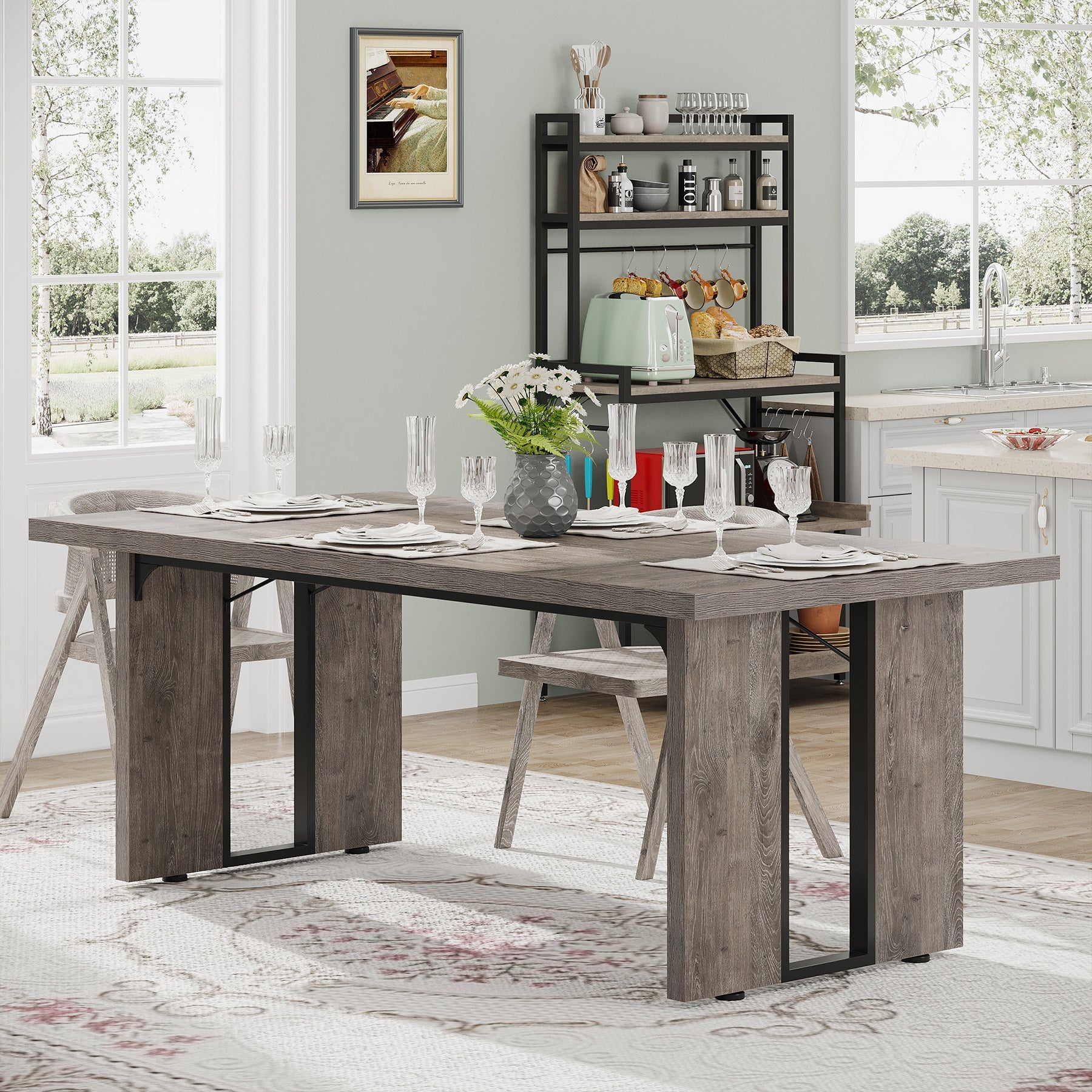 Rectangular Dining Table, 71" Farmhouse Breakfast Table for 6 to 8 People Tribesigns