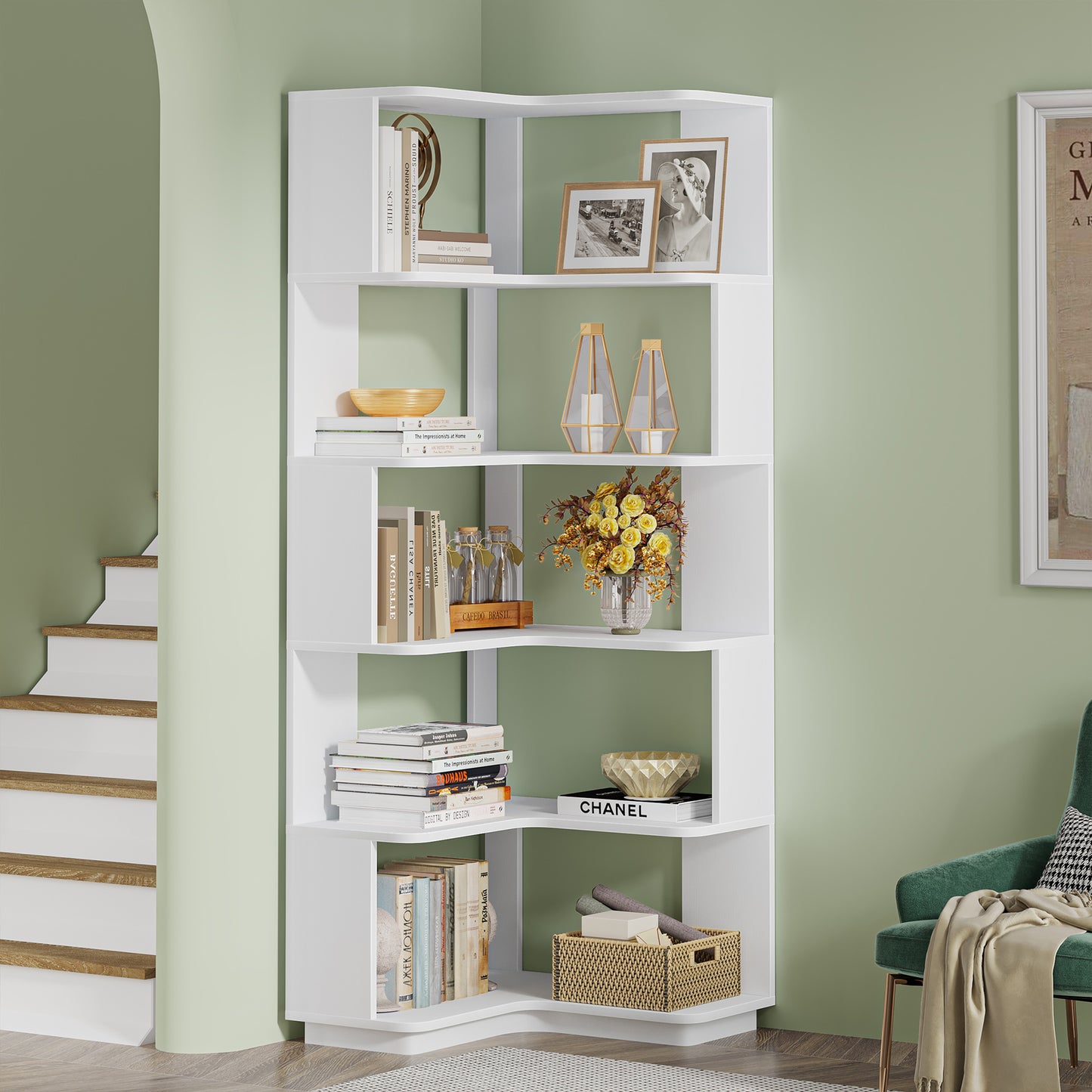 6-Tier Corner Bookshelf, 64.96" Corner Bookcase with Anti-Drop Panel