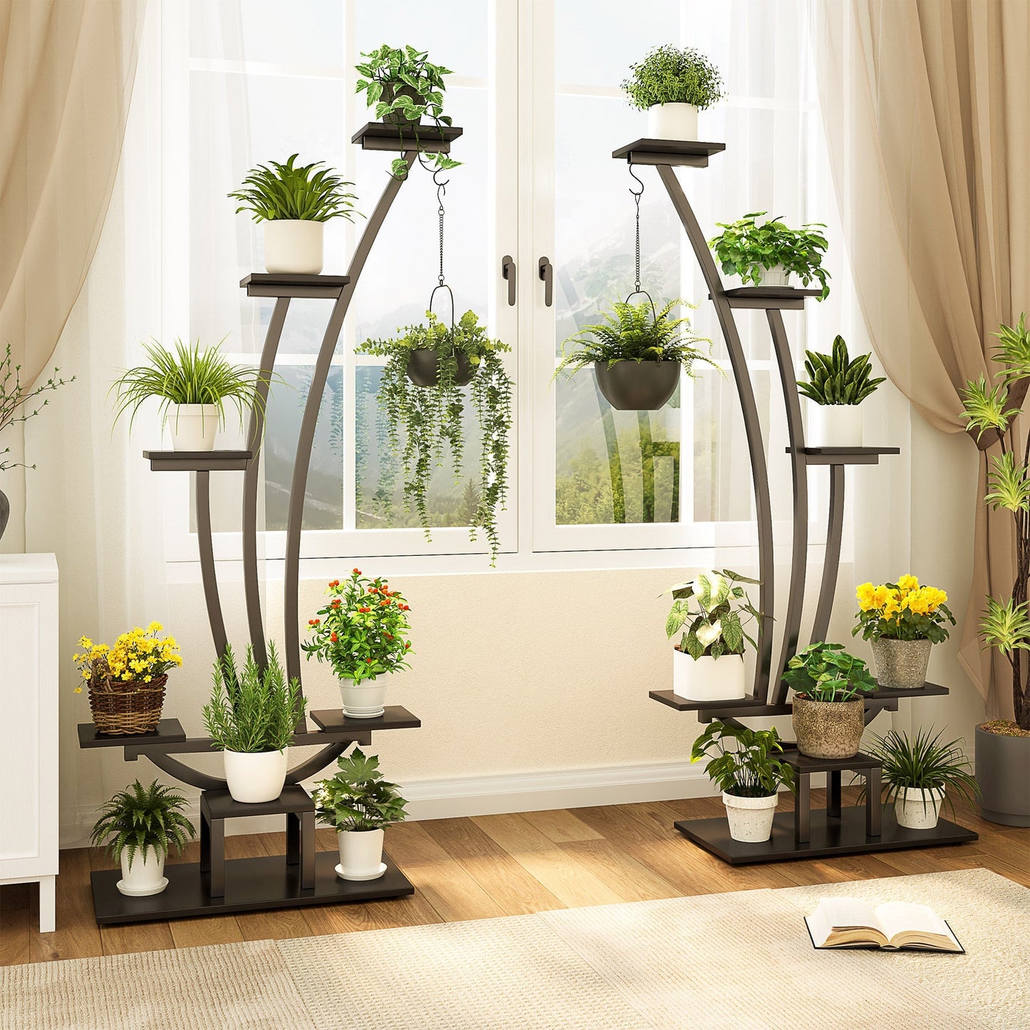 6-Tier Plant Stand Pack of 2, Metal Curved Display Shelf with 2 Hanging Hooks Tribesigns