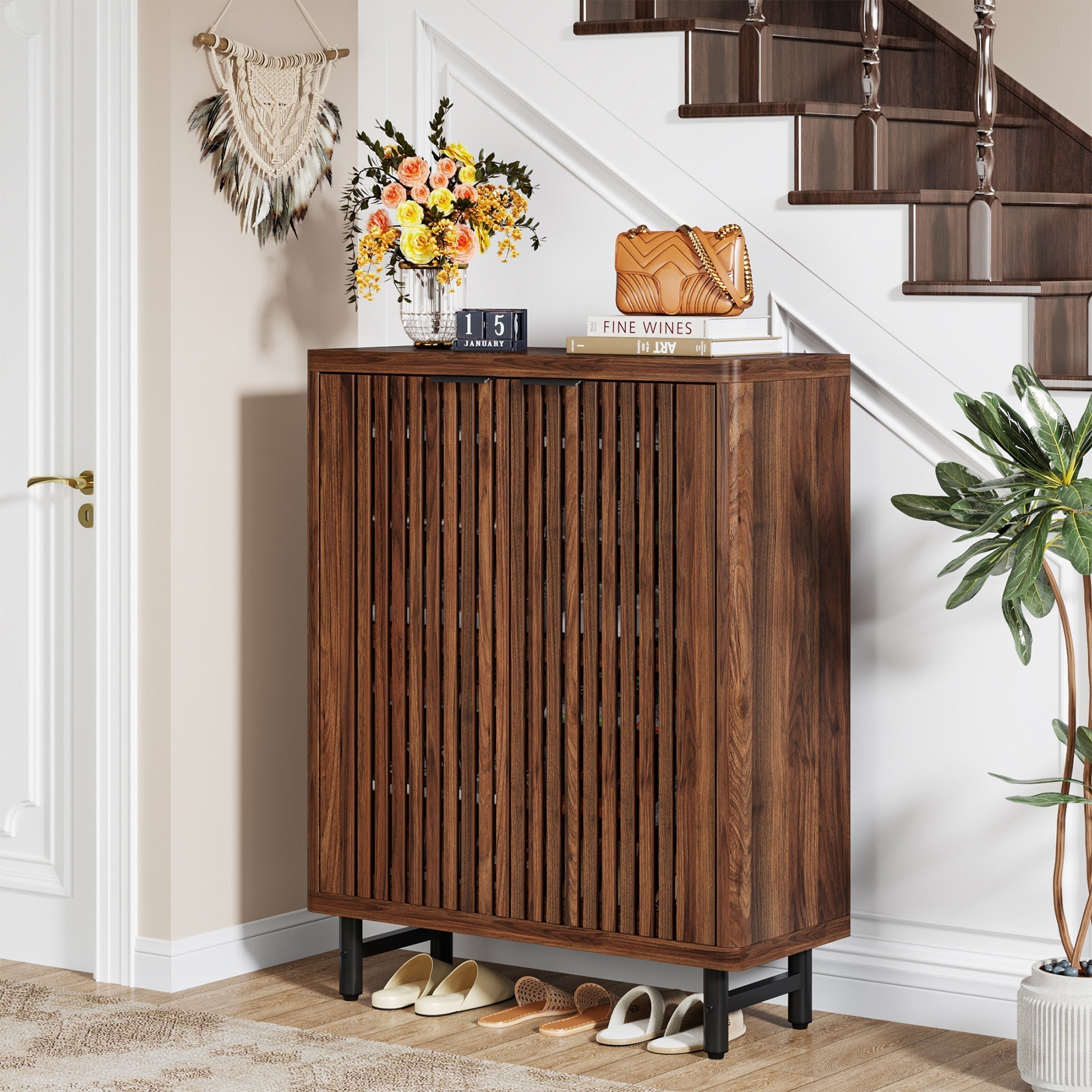 6 - Tier Wooden Shoe Cabinet with Louvered Doors & Adjustable Shelves Tribesigns