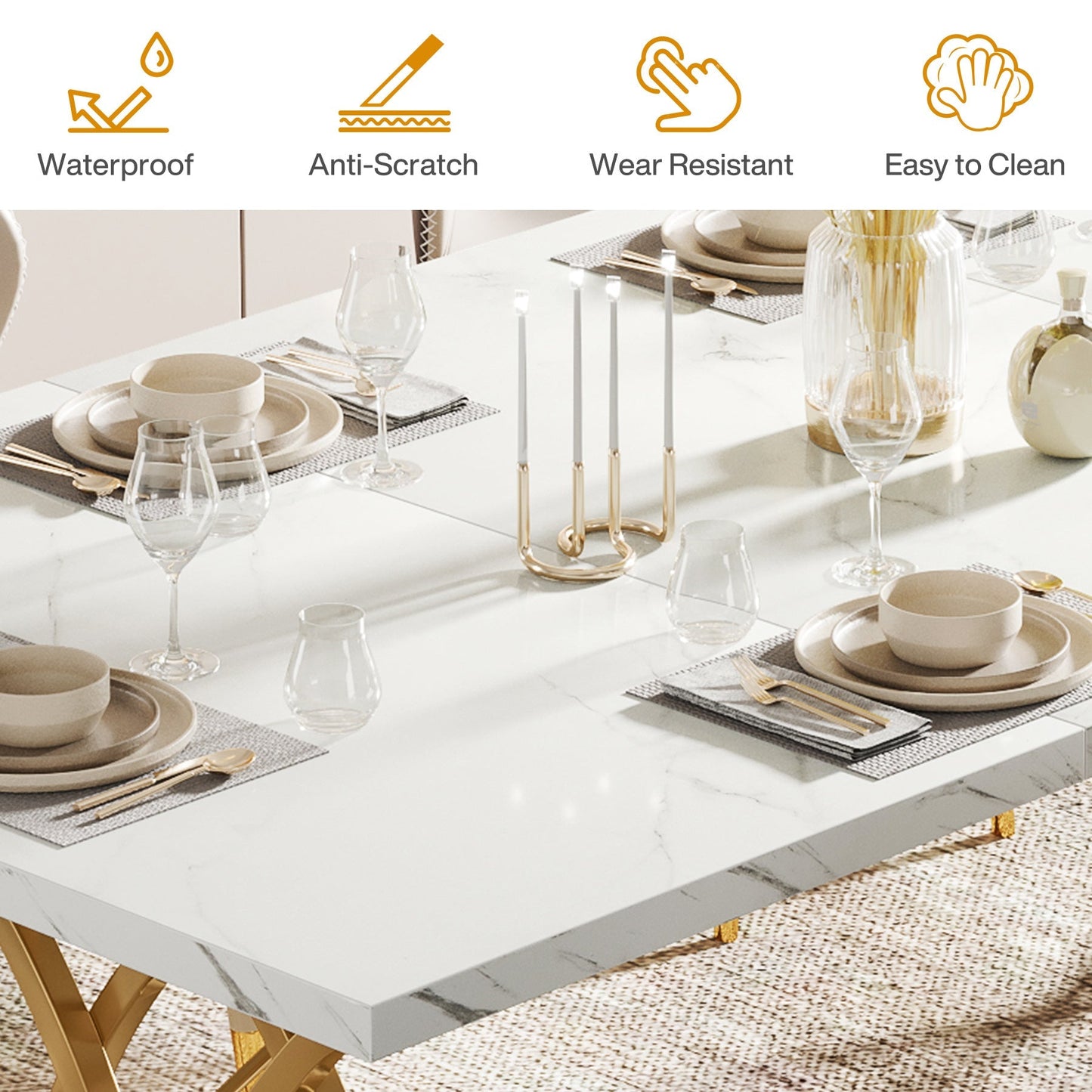 63" Modern Dining Table with Faux Marble Tabletop for 4-6 People Tribesigns