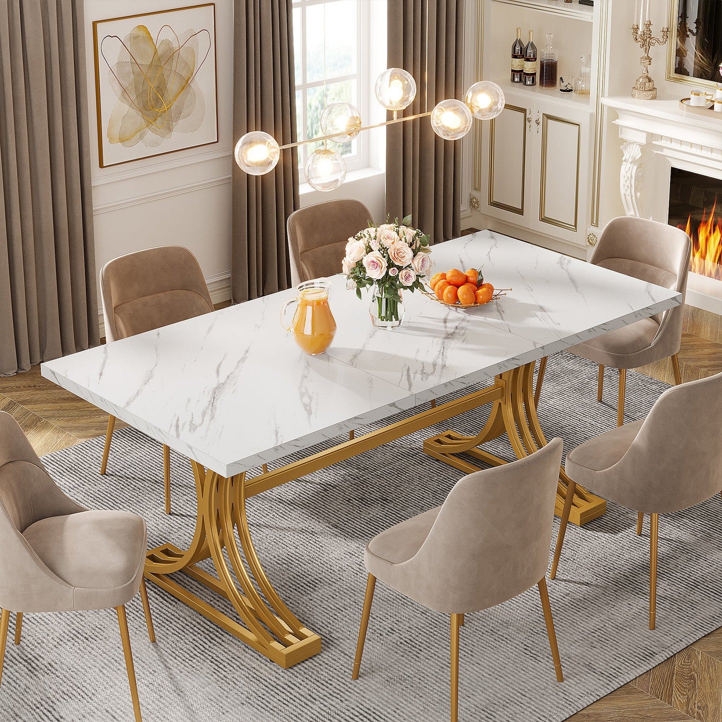 63'' Modern Dining Table with Faux Marble Tabletop & Metal Legs Tribesigns