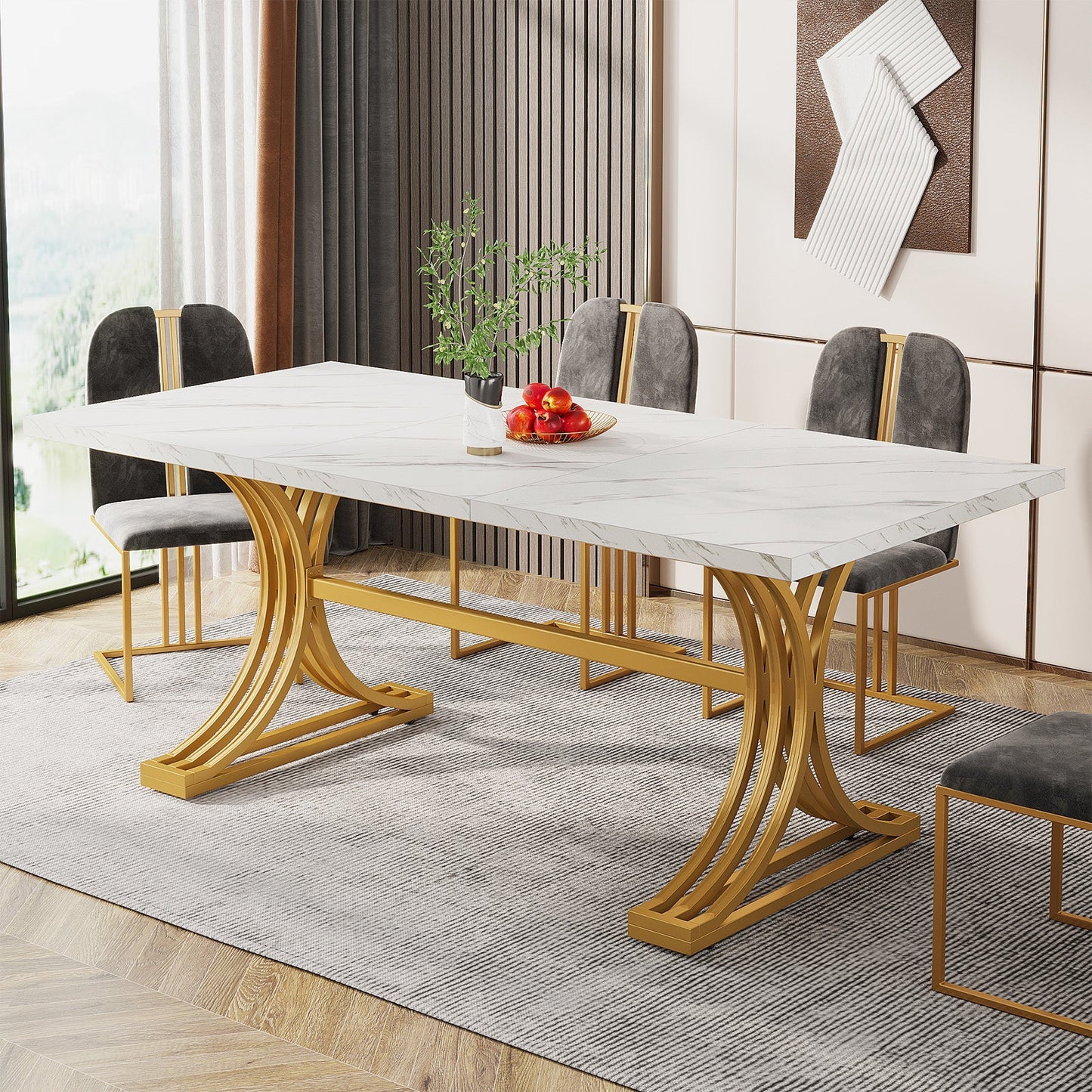 63'' Modern Dining Table with Faux Marble Tabletop & Metal Legs Tribesigns