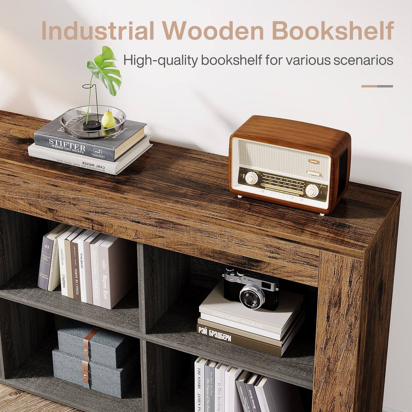 63" Wood Bookshelf, Horizontal Bookcase Storage Display Shelf Tribesigns