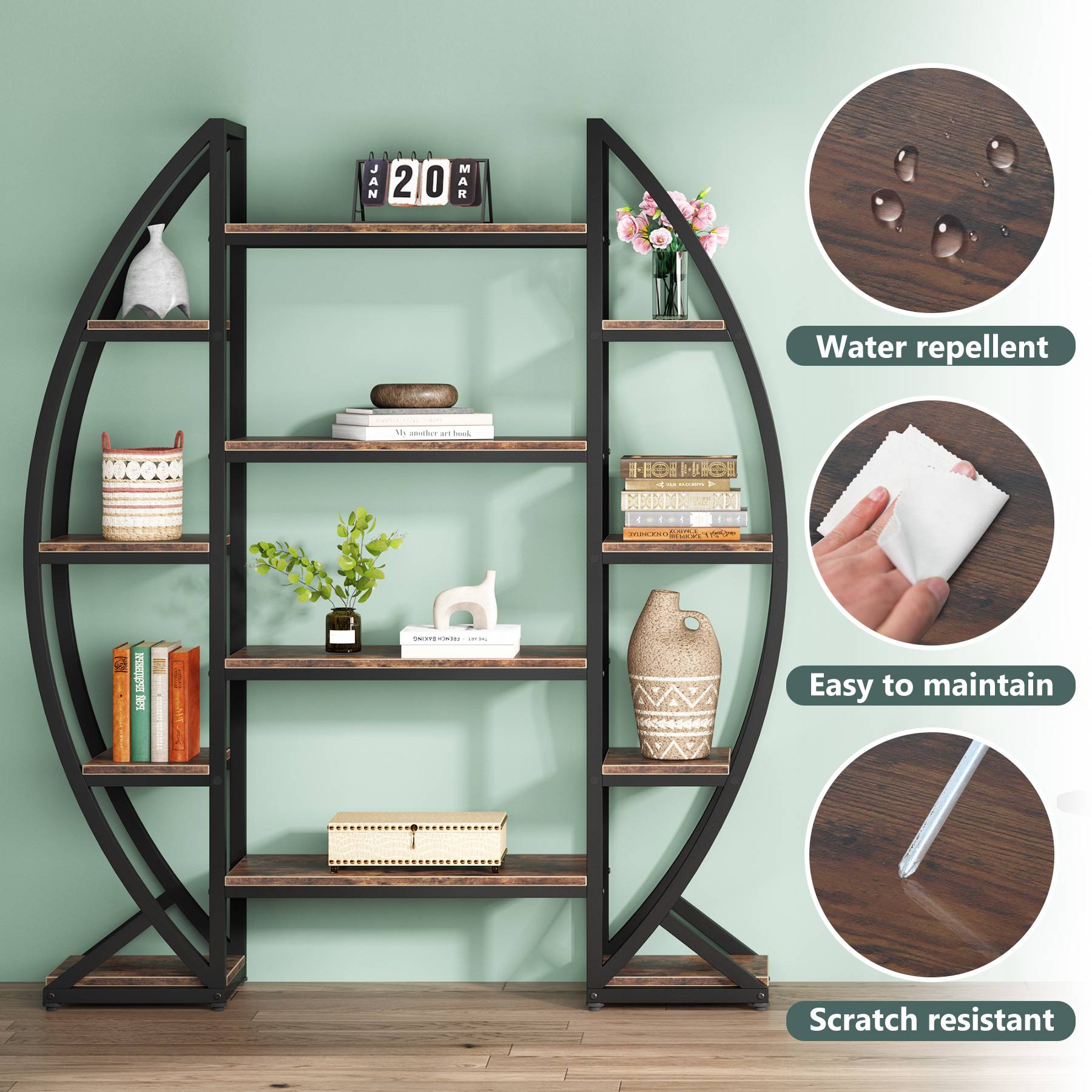 Tribesigns Bookshelf, Oval Triple Wide Etagere Bookcases Industrial Display Shelves Tribesigns