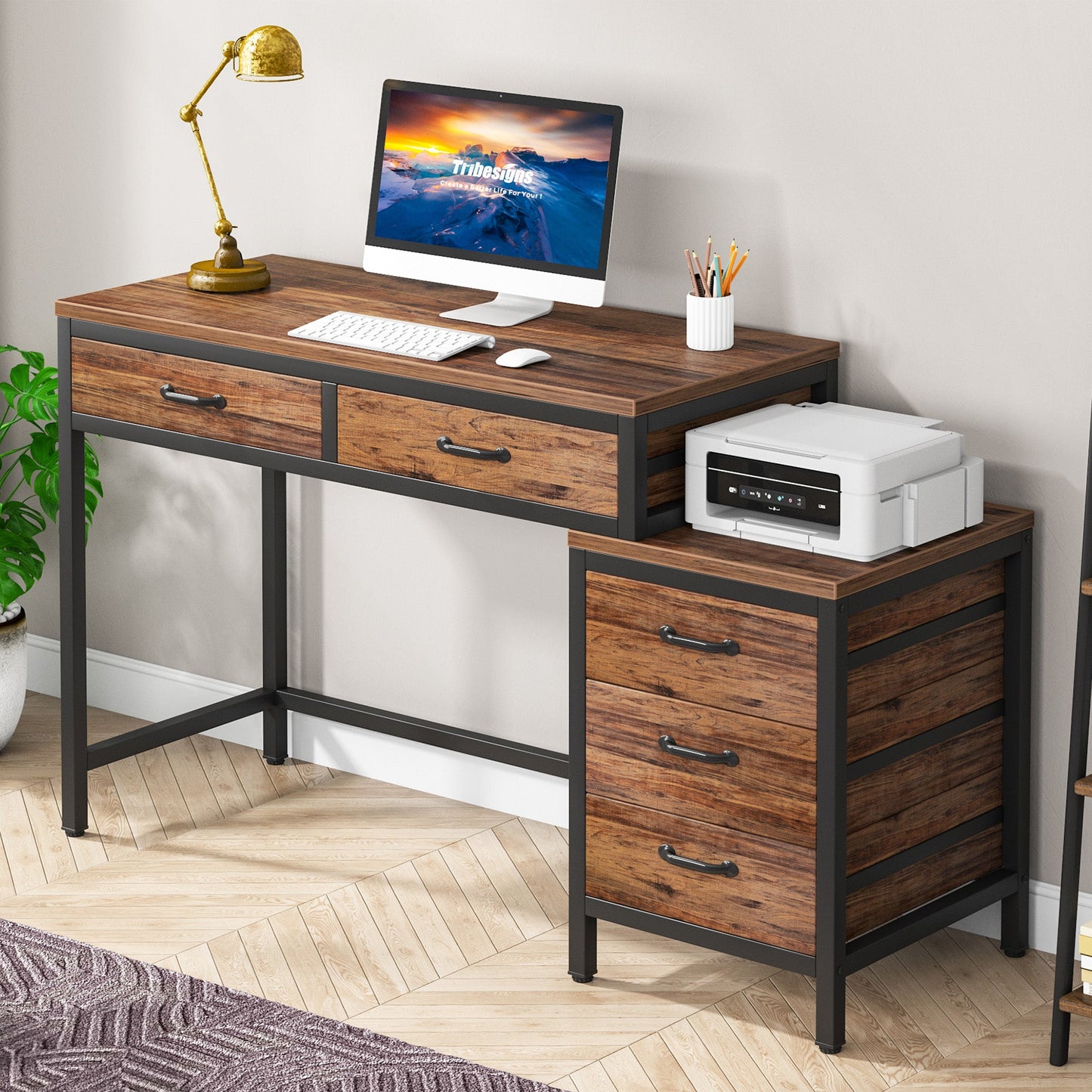 5-Drawer Computer Desk, Study Writing Table with Reversible Drawer Cabinet Tribesigns