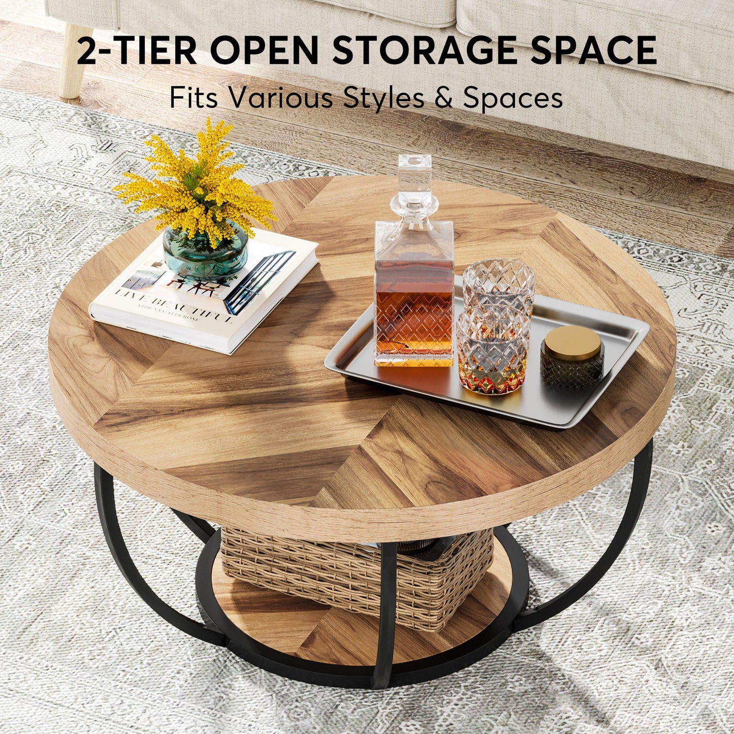 Coffee Table, 2-Tier Wooden Round Central Cocktail Table with Shelves Tribesigns