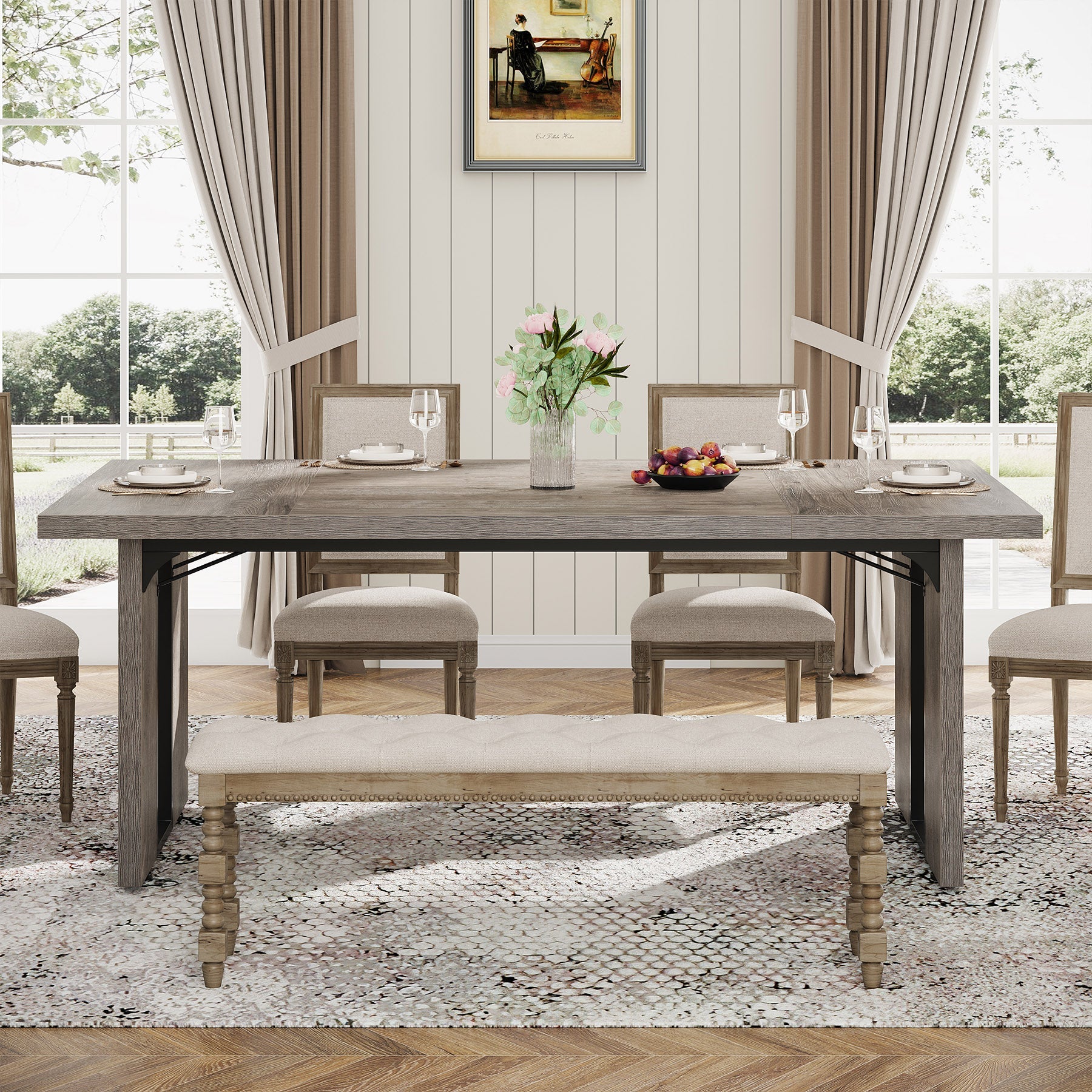 Rectangular Dining Table, 71" Farmhouse Breakfast Table for 6 to 8 People Tribesigns