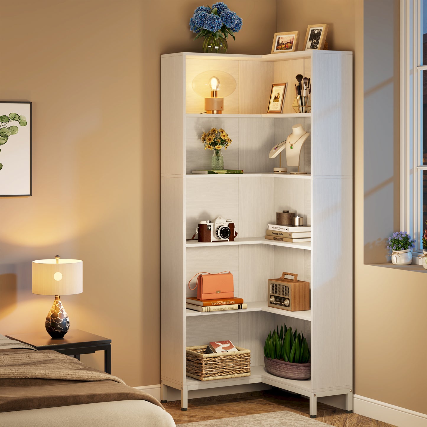 6-Tier Corner Bookcase, 71 inch L-Shaped Etagere Bookshelf