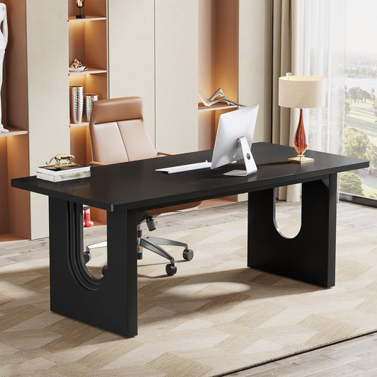 71" Executive Desk, Modern Computer Desk with Wood Double Pedestal Base Tribesigns