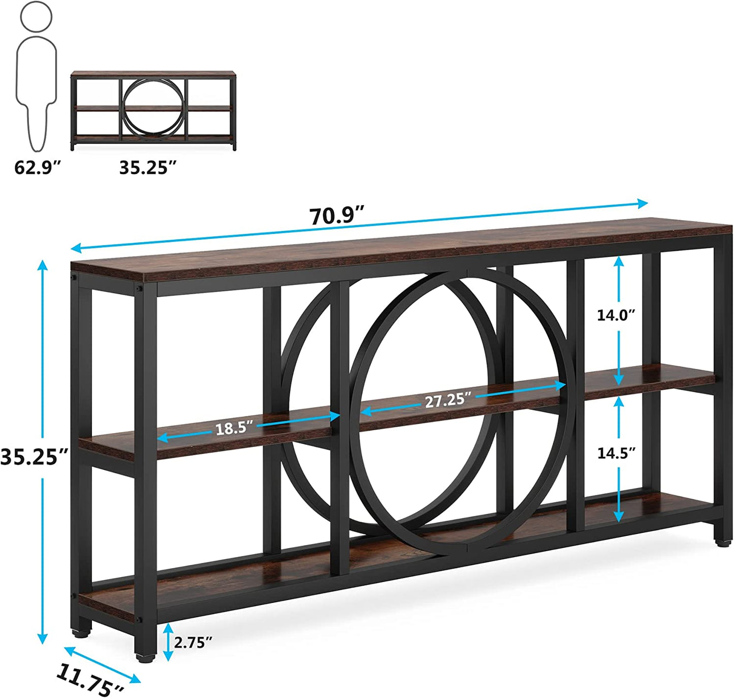 Console Table, 70.9" Narrow Sofa Table with 3 Tier Storage Shelves Tribesigns