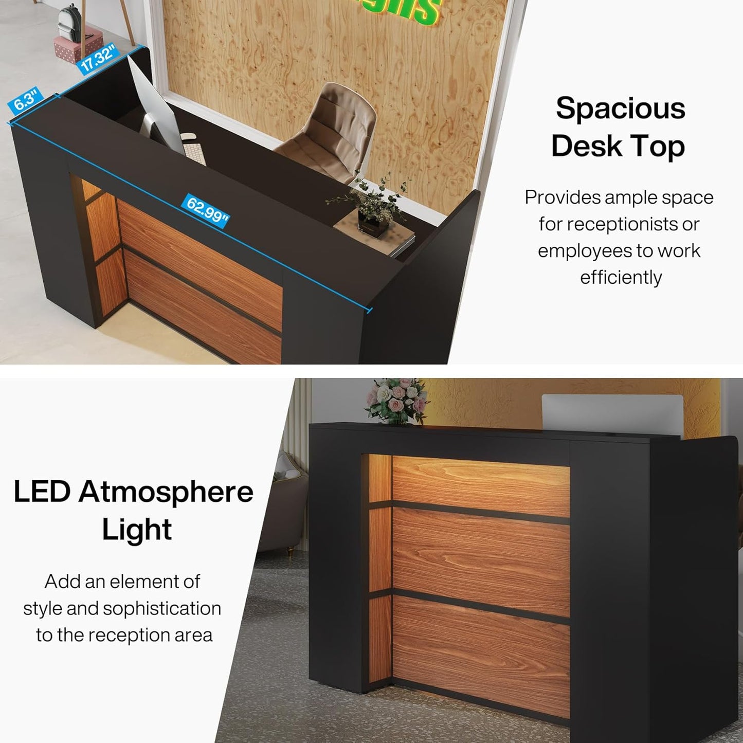 Modern Reception Desk, Large Counter Table Front Desk with LED Lights